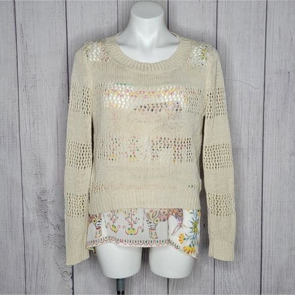 Desigual Crochet Sweater with Sheer Elephant Print Undershirt, size Medium - Picture 1 of 6